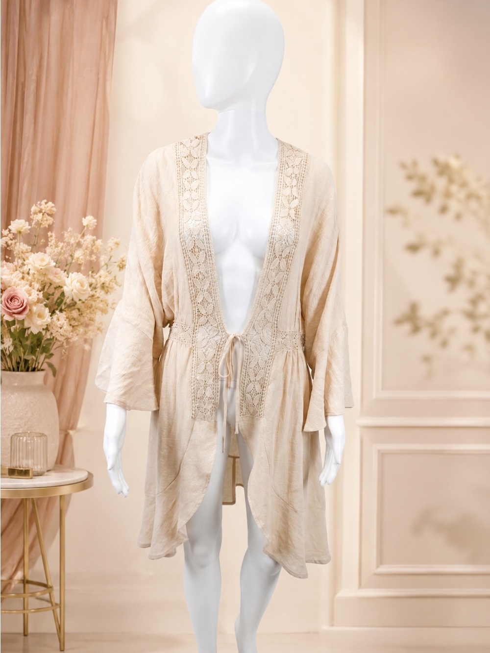 Love Tree Boho Crochet Lace Trim Kimono Swim Cover Up Beige Ruffle Sleeve L